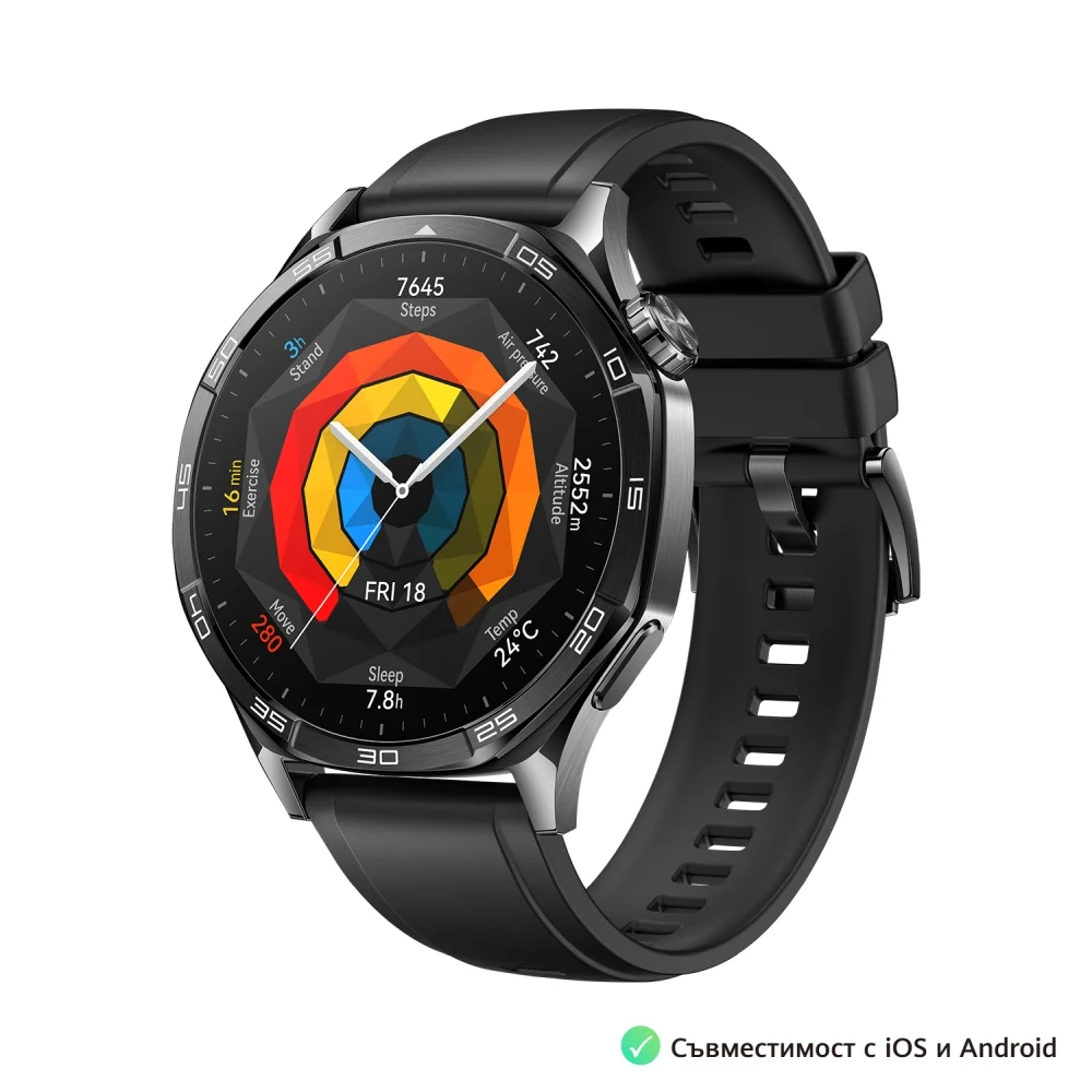 Часовник - Huawei Watch GT5 Vili-B19F, 1.43", Amoled 466x466 PPI 326, BT5.2 BLE/BR/EDR, 5ATM, 524mAh, Screenshot sharing, support message input, message notifications, Battery life up to 14 days, Compatible with iOS and Android devices, Black Fluoroelastomer
