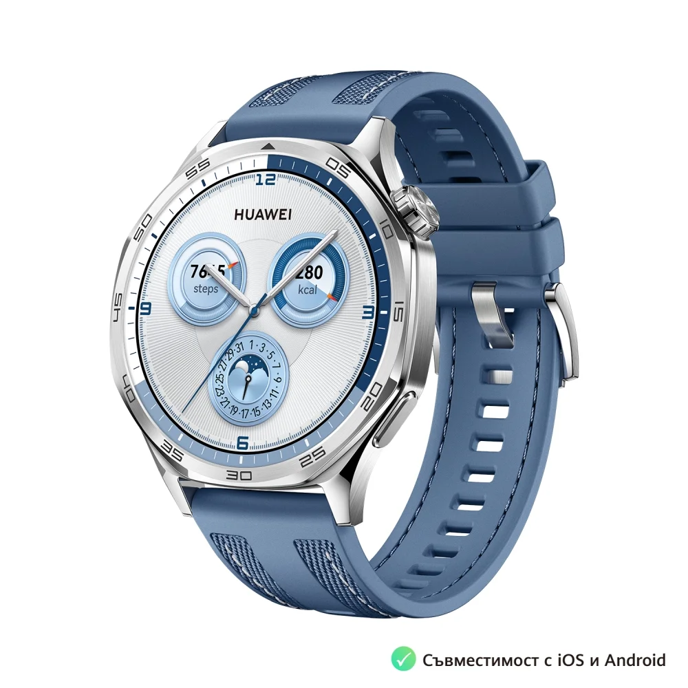 Часовник - Huawei Watch GT5  Vili-B19W, 1.43", Amoled 466x466 PPI 326, BT5.2 BLE/BR/EDR, 5ATM, 524mAh, Screenshot sharing, support message input, message notifications, Battery life up to 14 days, Compatible with iOS and Android devices, Blue Woven