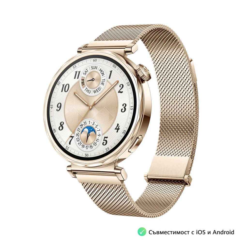 Часовник - Huawei Watch GT5 Jana-B19M, 1.32", Amoled 466x466 PPI 352, , BT5.2 BLE/BR/EDR, 5ATM, 524mAh, Screenshot sharing, support message input, message notifications, Battery life up to 7 days, Compatible with iOS and Android devices, Gold Milanese