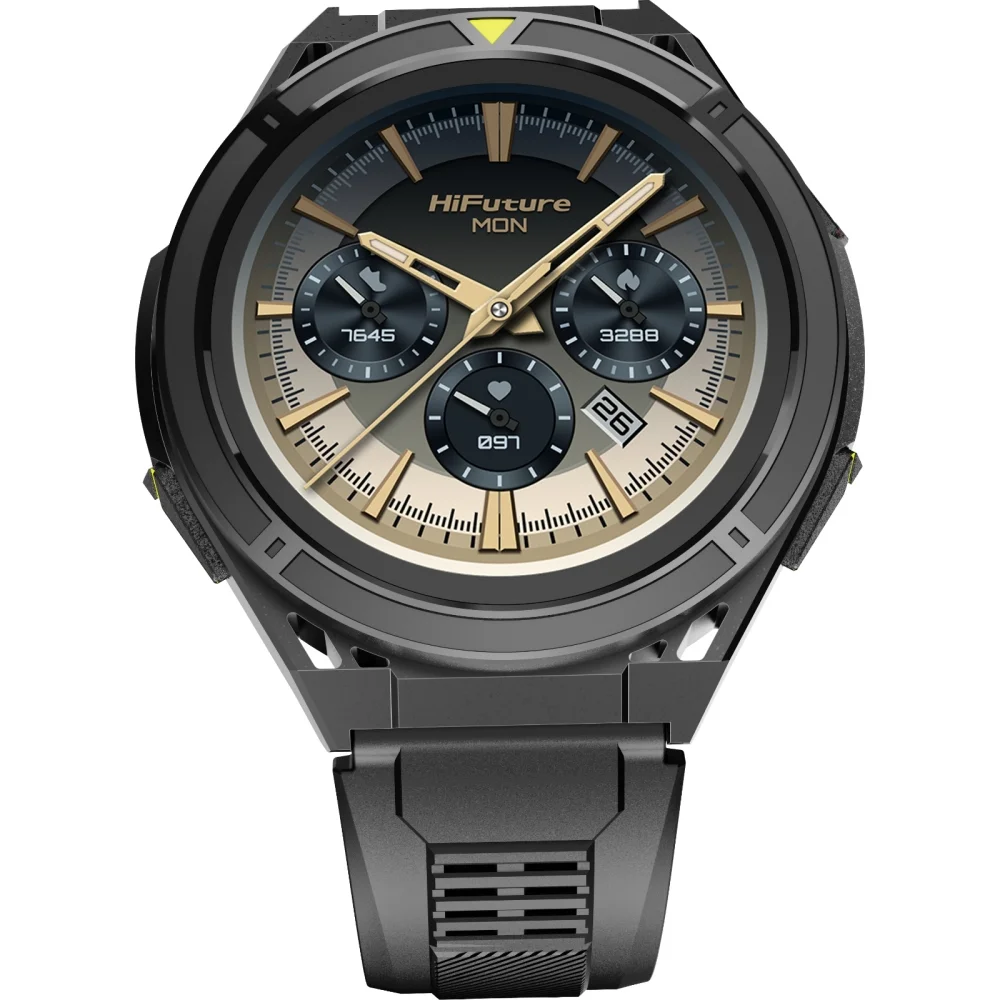 Часовник - HiFuture Active Black Yellow, *1.43"  AMOLED, Dual Band GPS +Compass + Altimeter 466*466, Powered by Dual Core & Syntra AI, Bluetooth Call, 5ATM Waterproof, 24/7 True Heart Rate & Blood Oxygen Sensor, Up to 10 days daily use